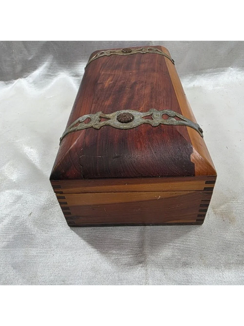 Vintage Cedar Jewelry Trinket Box Ornate Brass Hardware